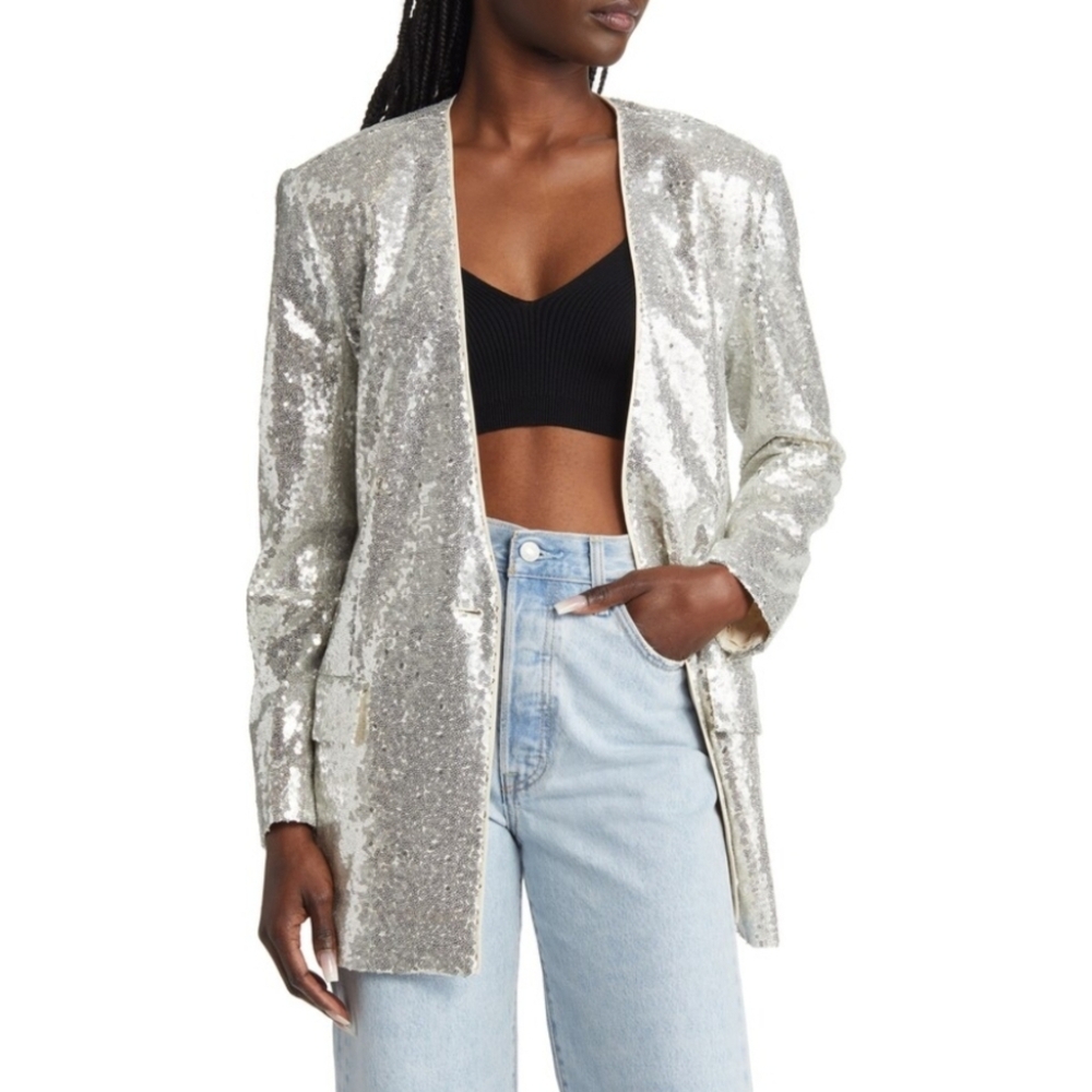 Open Edit Oversized Sequin Blazer Size XXSmall Color SilverNWT